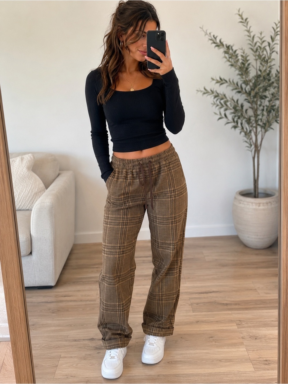 Oak + Fort Brown Plaid Drawstring Pants | Relaxed Straight Leg Trouser | Size S